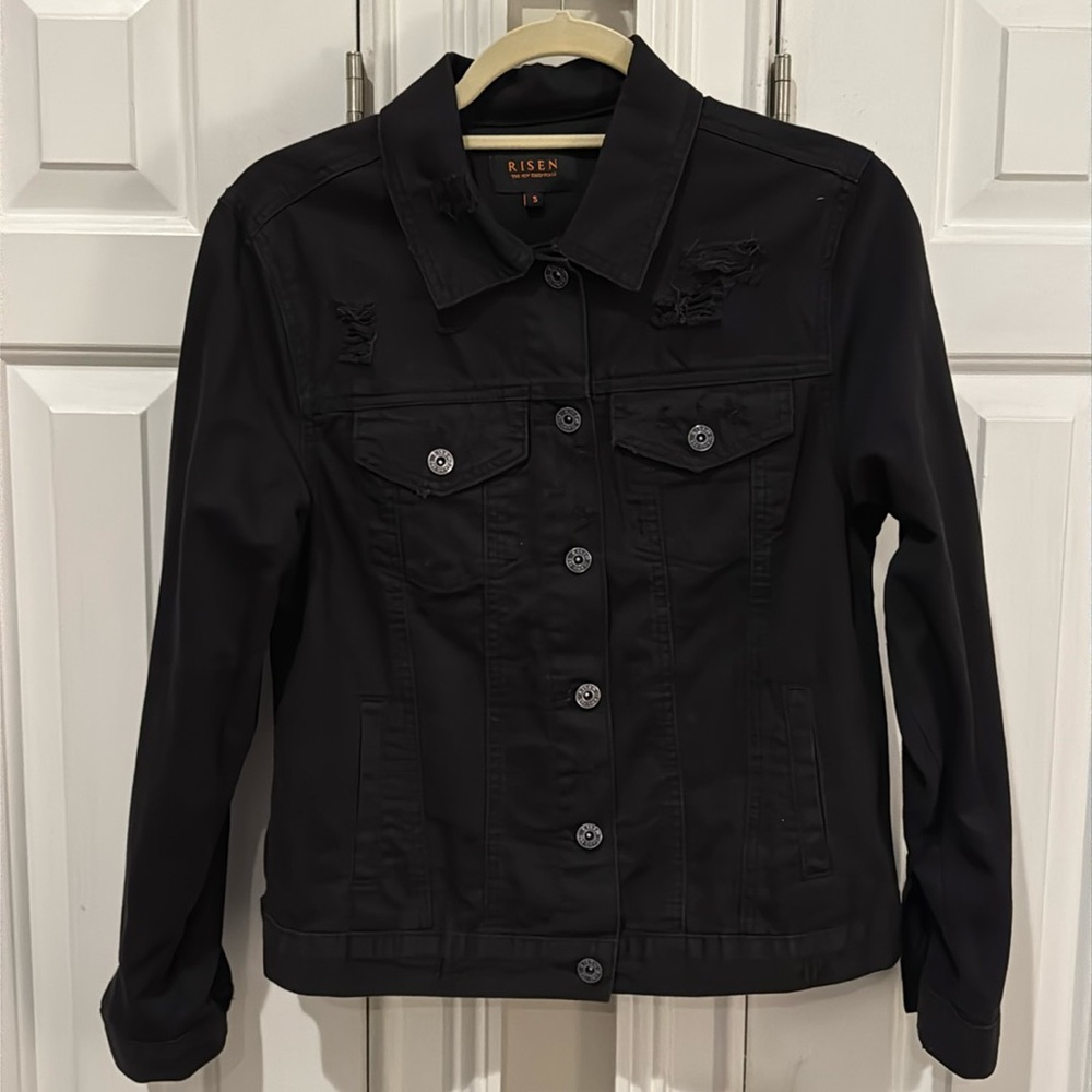 Risen women’s skull embellished black denim jacket